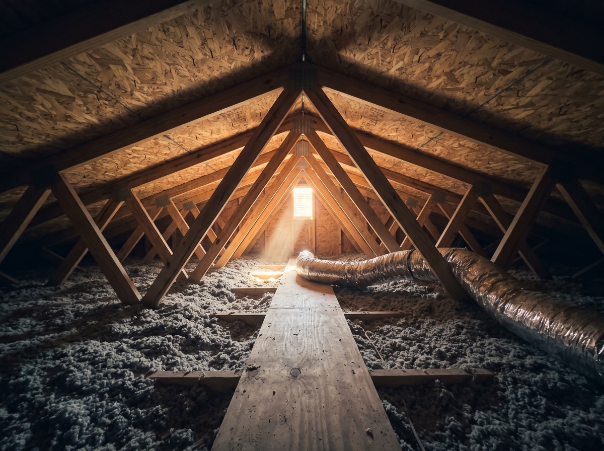 Attic inspection along webbed roof trusses and blown-in insulation