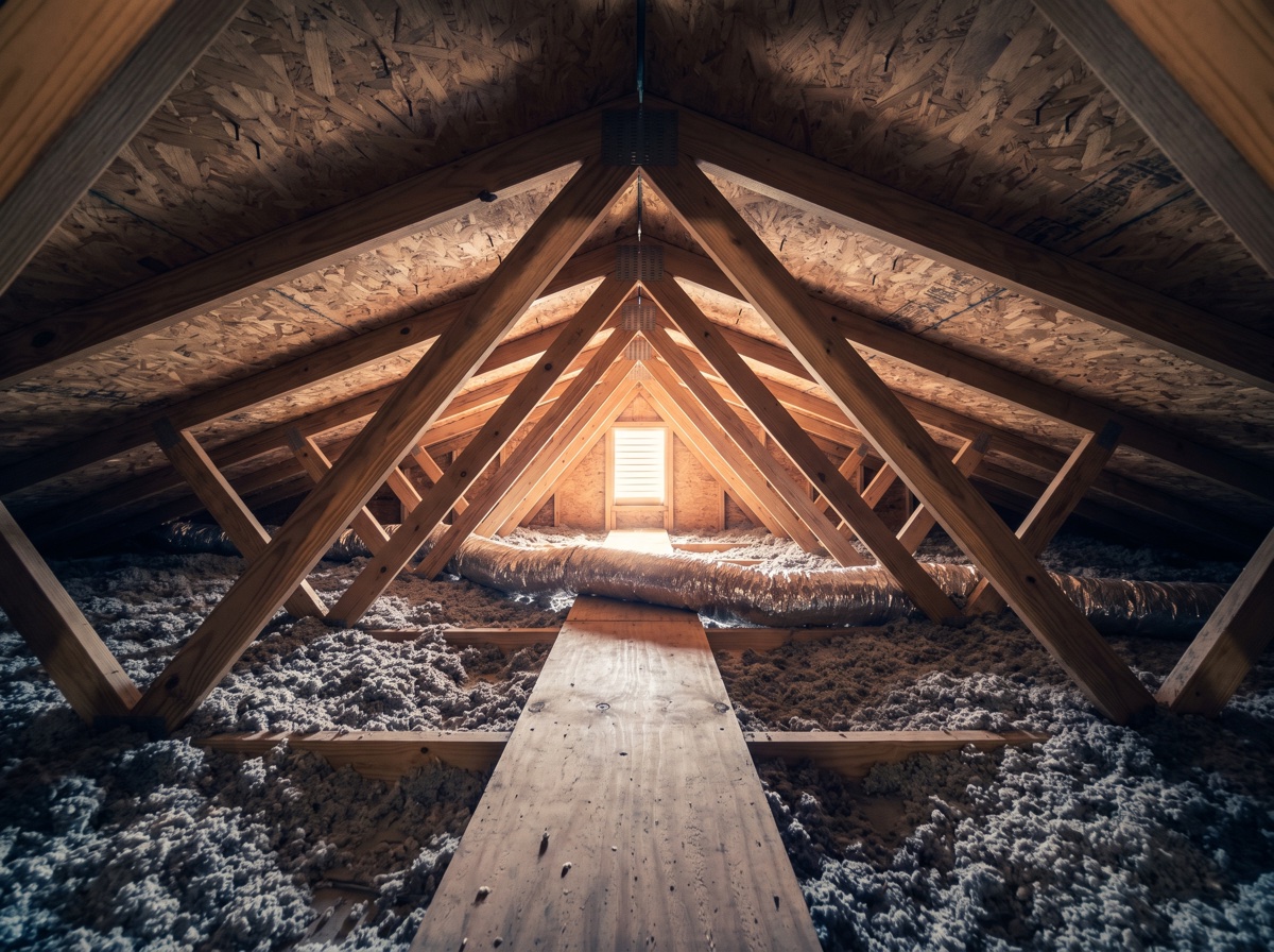 Attic inspection light across blown-in insulation and flex duct