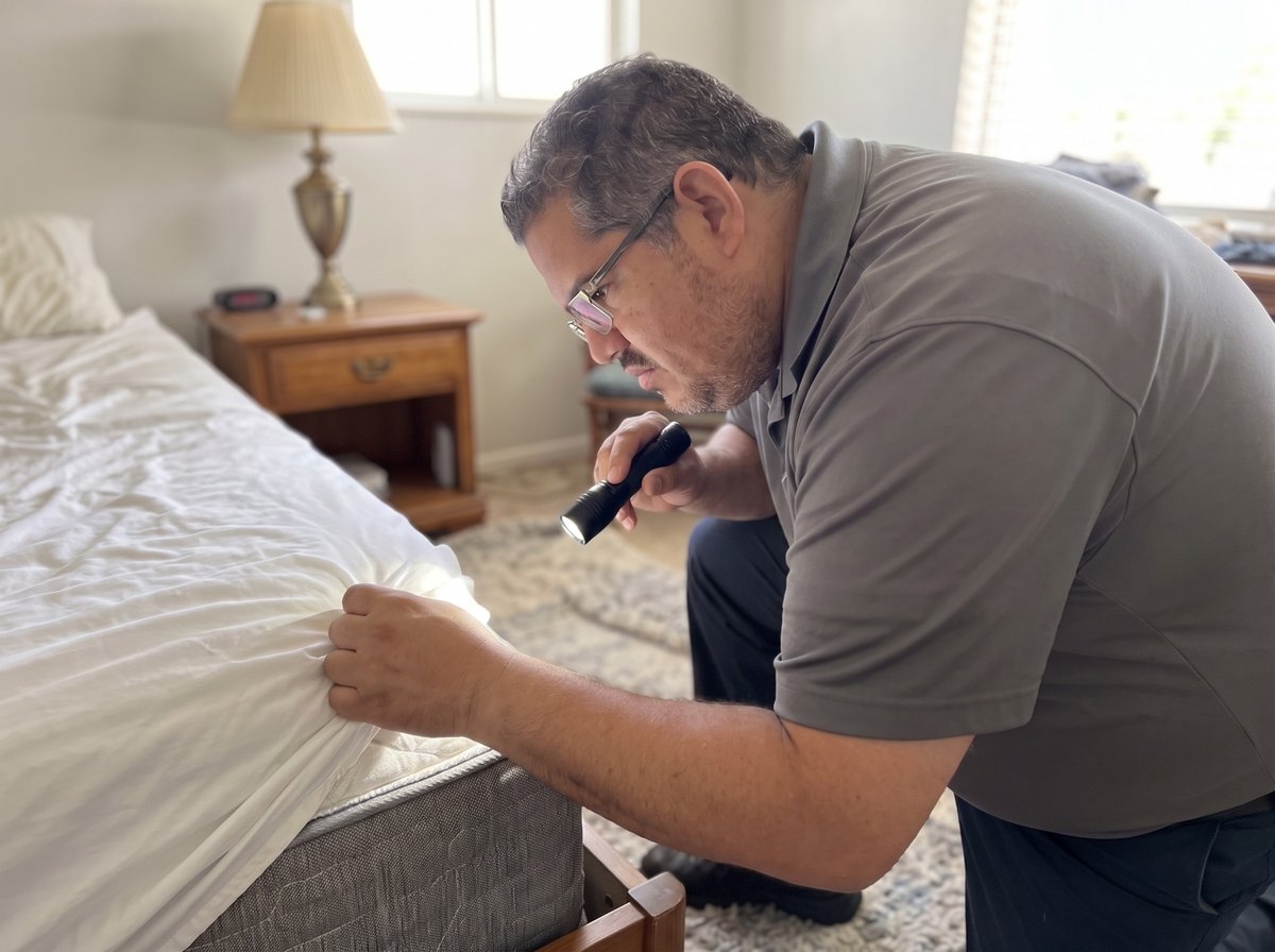 Bed bug inspection along a mattress seam under a flashlight