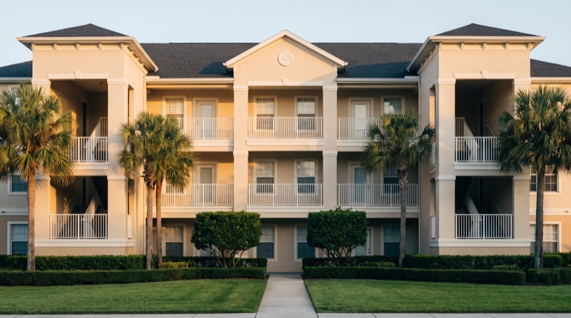 Apartment community buildings across landscaped grounds