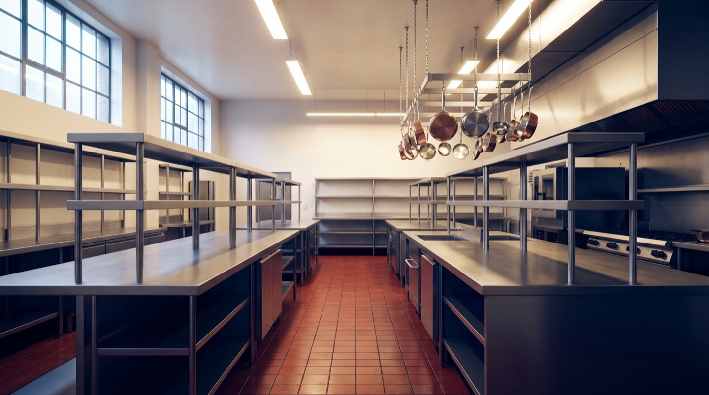 Stainless prep line in an empty commercial kitchen