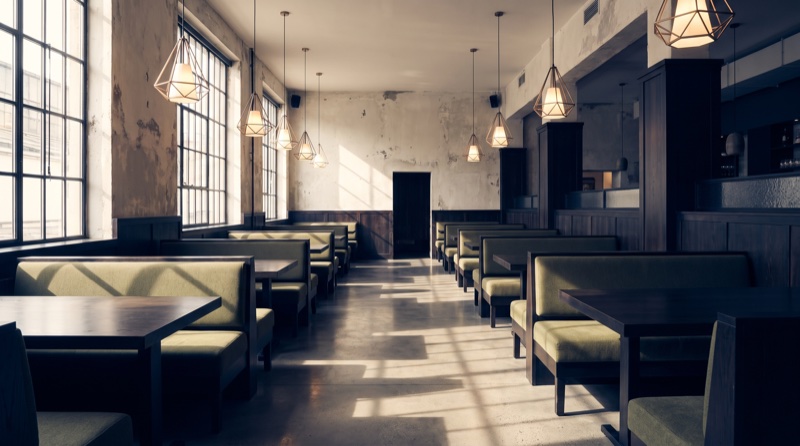 Empty restaurant dining room in warm evening light