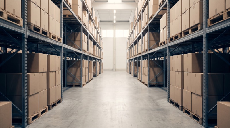 Warehouse aisle between tall pallet racking