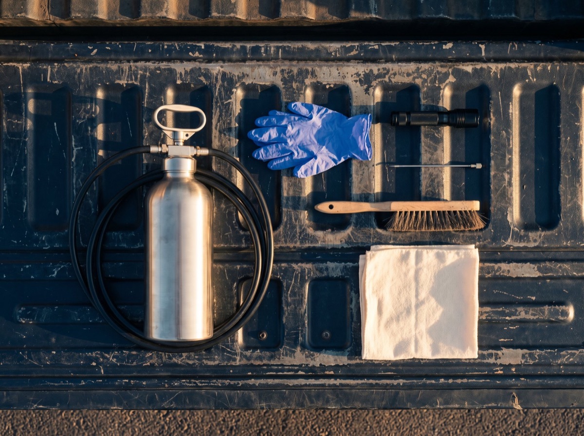 Treatment equipment laid out on a navy truck tailgate