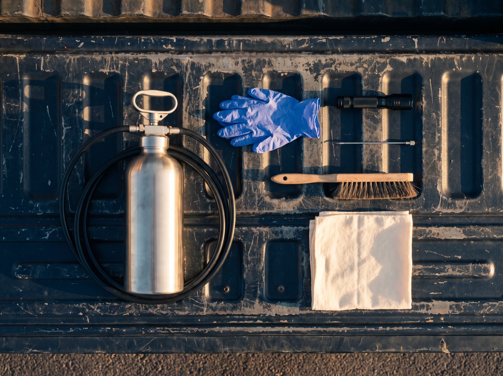 Treatment equipment laid out on a navy truck tailgate