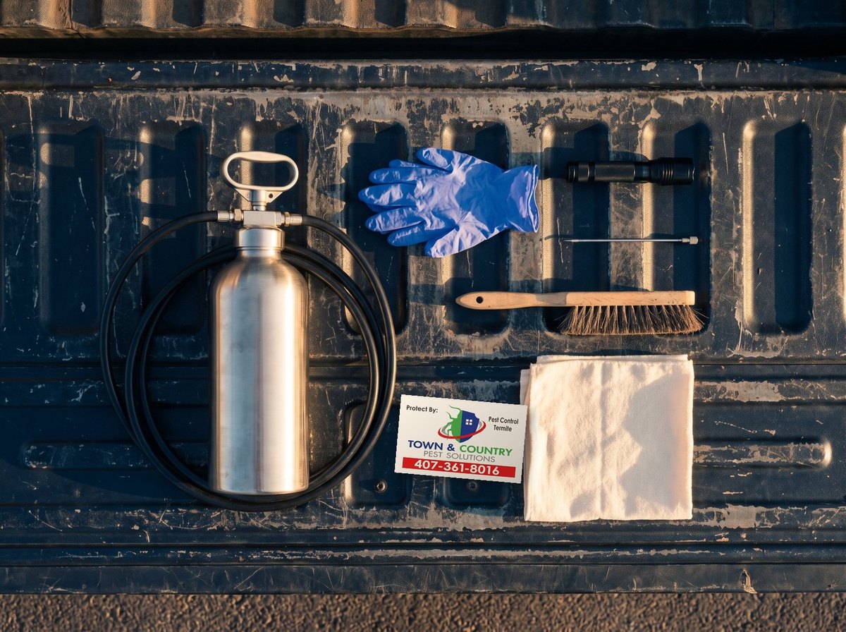 Treatment equipment laid out on a navy truck tailgate with a Town and Country business card