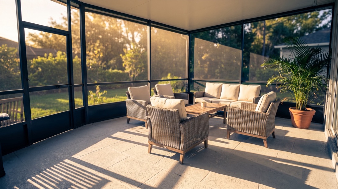 Screened lanai overlooking a Central Florida backyard