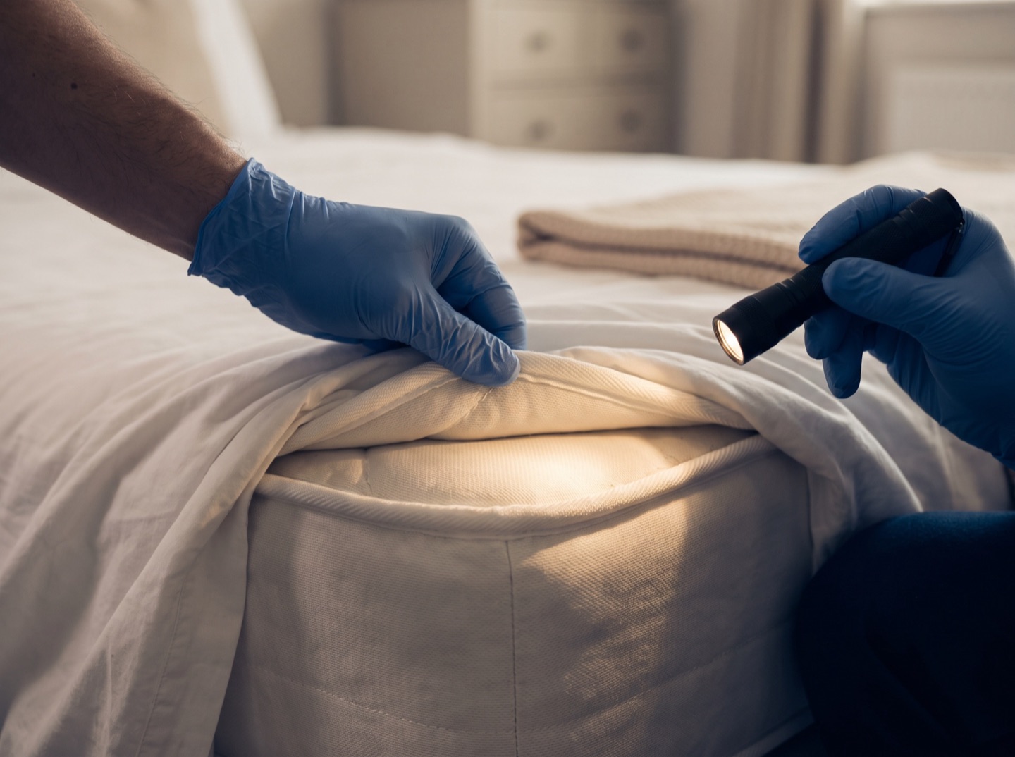 Mattress seam check under an inspection light
