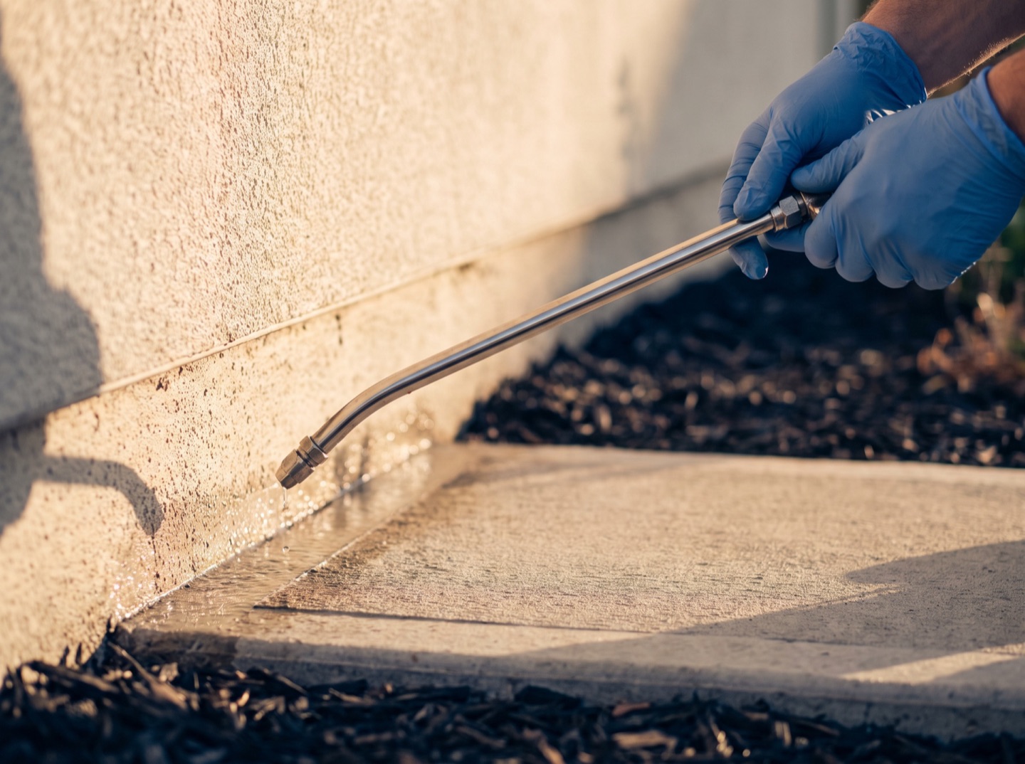 Spray wand treating along a Central Florida home's foundation line