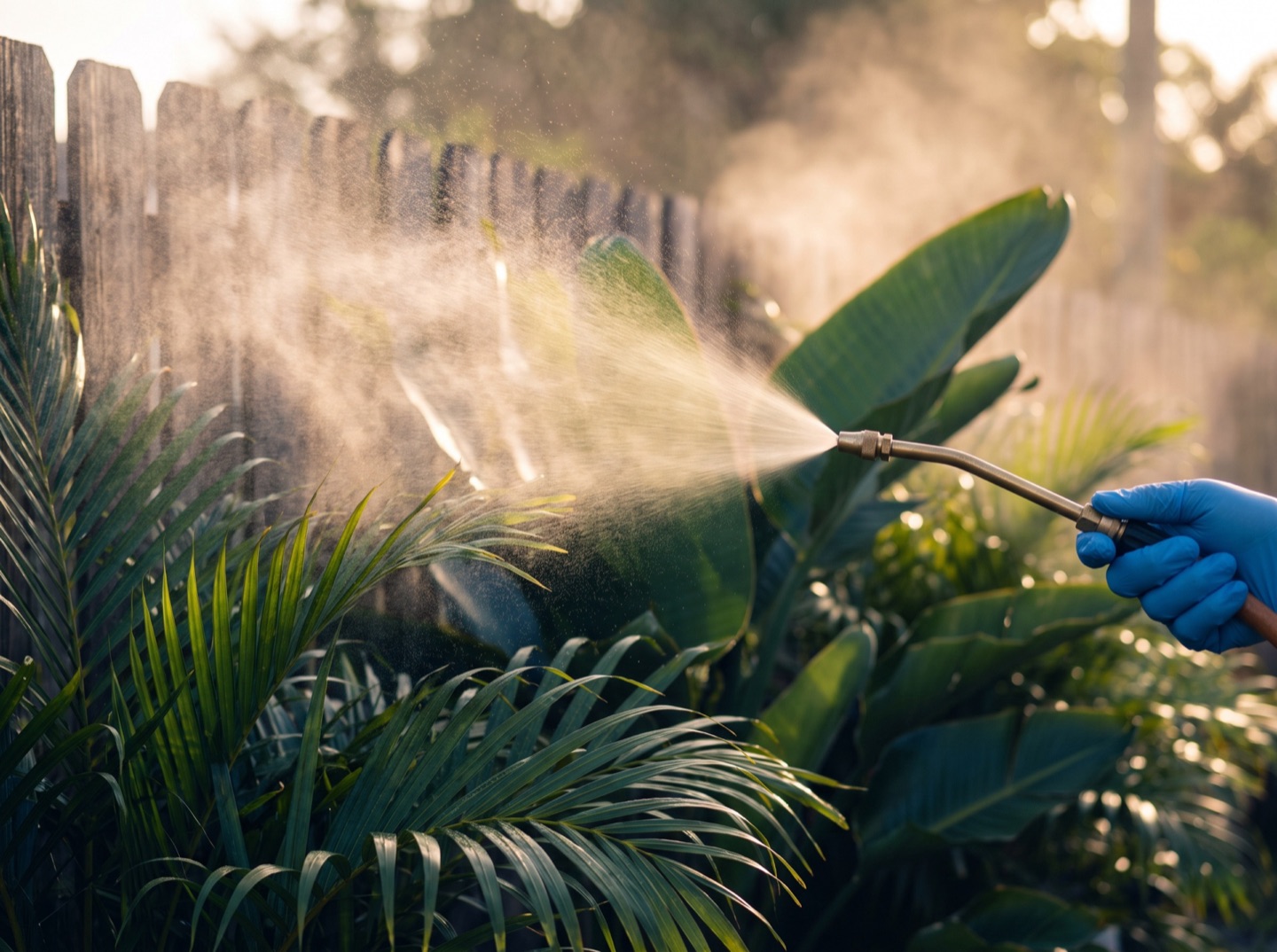Backlit treatment mist through tropical foliage