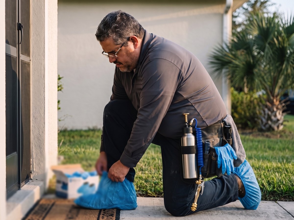 Edwin pulling a shoe cover over his boot at a customer's front step